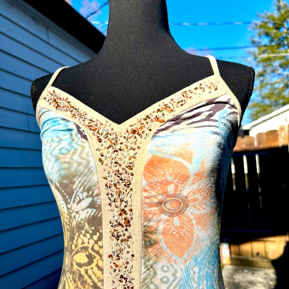 XOXO Vintage Nude Beaded Tank Top Floral Print Y2K Size Medium - Picture 4 of 16